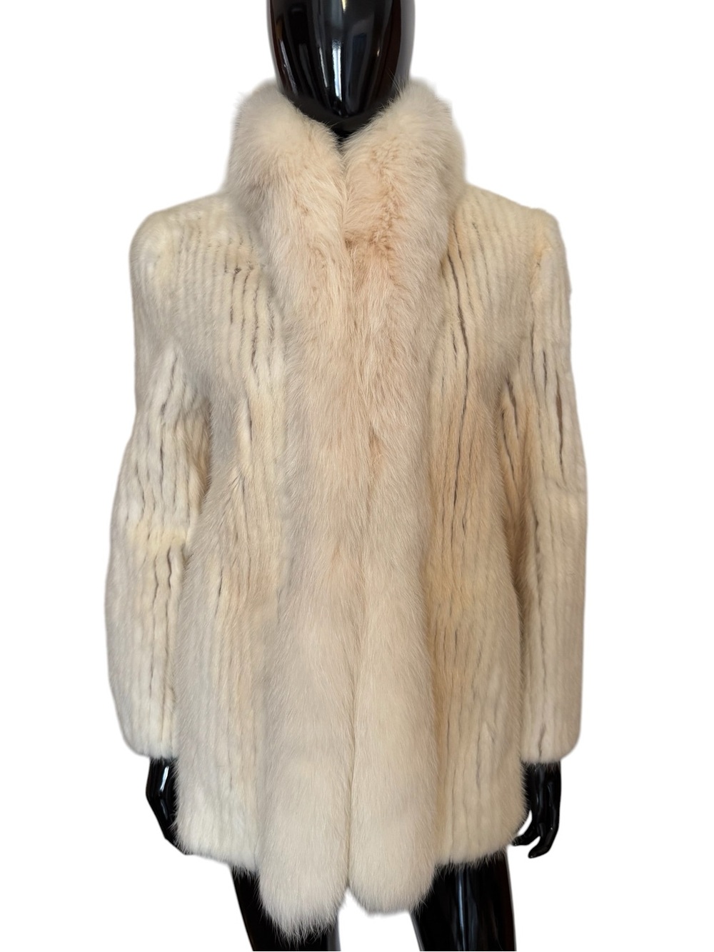 Mink corded white Ivory Fur Coat and white fox trim  - Luxurious Women's coat